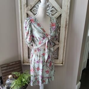 A&G Women's Junior Crop Tie Top Mini Ruffle Skirt Set Light Sage Green Floral